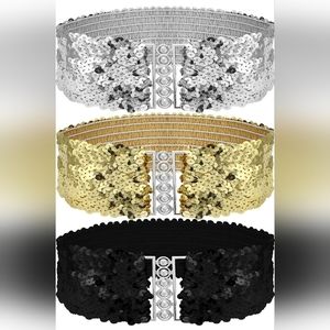 U PICK Sequins stretch belt Christmas holiday wide silver gold black New!